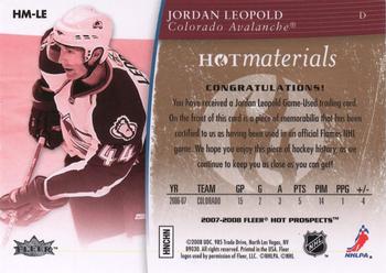 2007-08 Fleer Hot Prospects - Hot Materials Red Hot #HM-LE Jordan Leopold  Back