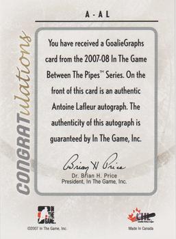 2007-08 In The Game Between the Pipes - Autographs #A-AL Antoine Lafleur  Back