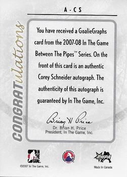 2007-08 In The Game Between the Pipes - Autographs #A-CS Cory Schneider  Back