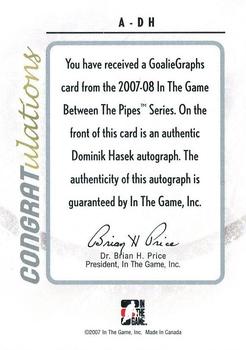 2007-08 In The Game Between the Pipes - Autographs #A-DH Dominik Hasek Back