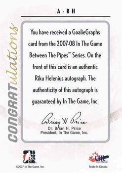 2007-08 In The Game Between the Pipes - Autographs #A-RH Riku Helenius  Back