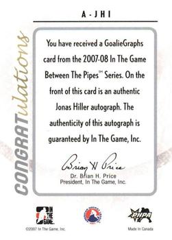 2007-08 In The Game Between the Pipes - Autographs #A-JHI Jonas Hiller  Back