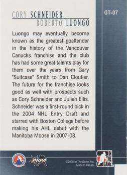 2007-08 In The Game Between the Pipes - Goaltending Traditions #GT-07 Cory Schneider / Roberto Luongo  Back