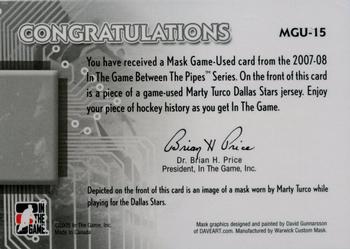 2007-08 In The Game Between the Pipes - Mask Game-Used #MGU-15 Marty Turco  Back