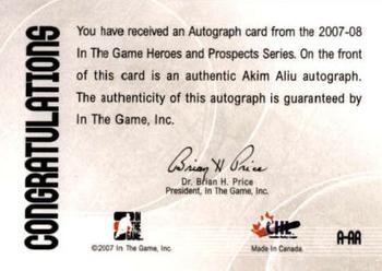 2007-08 In The Game Heroes and Prospects - Autographs #A-AA Akim Aliu  Back