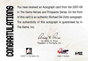 2007-08 In The Game Heroes and Prospects - Autographs #A-MDZ Michael Del Zotto  Back