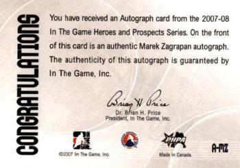 2007-08 In The Game Heroes and Prospects - Autographs #A-MZ Marek Zagrapan  Back