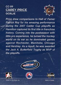 2007-08 In The Game Heroes and Prospects - Calder Cup Champions #CC-09 Carey Price  Back