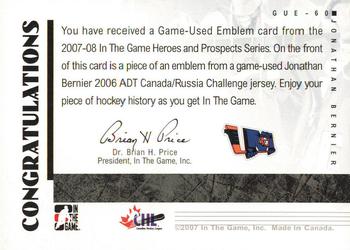 2007-08 In The Game Heroes and Prospects - Emblems #GUE-60 Jonathan Bernier  Back