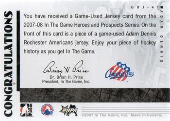 2007-08 In The Game Heroes and Prospects - Jerseys #GUJ-41 Adam Dennis  Back