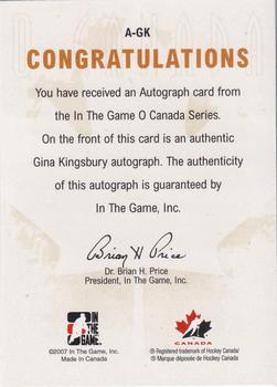 2007-08 In The Game O Canada - Autographs #A-GK Gina Kingsbury  Back