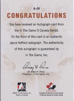 2007-08 In The Game O Canada - Autographs #A-JH Jayna Hefford  Back