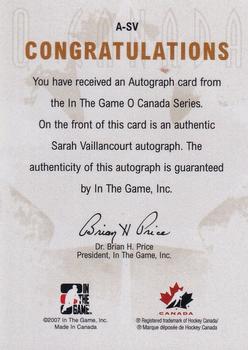 2007-08 In The Game O Canada - Autographs #A-SV Sarah Vaillancourt  Back
