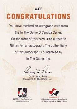 2007-08 In The Game O Canada - Autographs #A-GF Gillian Ferrari  Back