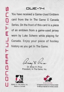 2007-08 In The Game O Canada - Emblems #GUE-14 Luke Schenn  Back