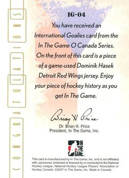 2007-08 In The Game O Canada - International Goalies Jerseys #IG04 Dominik Hasek  Back