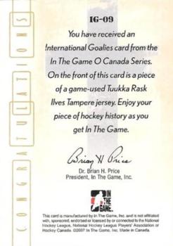 2007-08 In The Game O Canada - International Goalies Jerseys #IG09 Tuukka Rask  Back