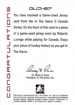 2007-08 In The Game O Canada - Game-Used Jerseys #GUJ-67 Roberto Luongo  Back