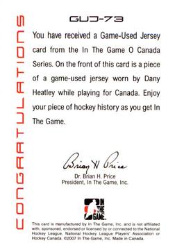2007-08 In The Game O Canada - Game-Used Jerseys #GUJ-73 Dany Heatley  Back