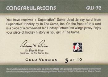 2007-08 In The Game Superlative - Jerseys Gold #GUJ-32 Ted Lindsay  Back