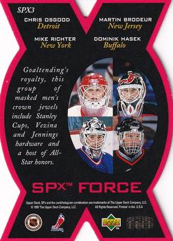 1996-97 SP - SPx Force #SPX3 Chris Osgood / Dominik Hasek / Martin Brodeur / Mike Richter Back
