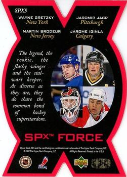 1996-97 SP - SPx Force #SPX5 Jarome Iginla / Jaromir Jagr / Wayne Gretzky / Martin Brodeur Back