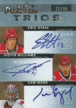 2007-08 O-Pee-Chee Premier - Trios Signatures #PP3-WSW Justin Williams / Eric Staal / Cam Ward  Front