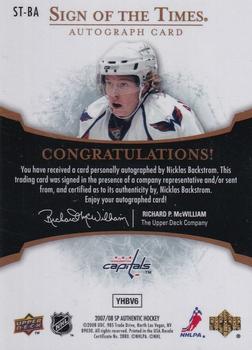 2007-08 SP Authentic - Sign of the Times #ST-BA Nicklas Backstrom  Back