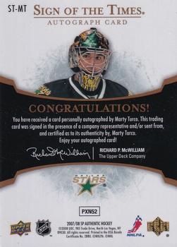2007-08 SP Authentic - Sign of the Times #ST-MT Marty Turco  Back