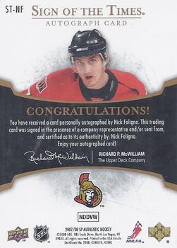 2007-08 SP Authentic - Sign of the Times #ST-NF Nick Foligno  Back
