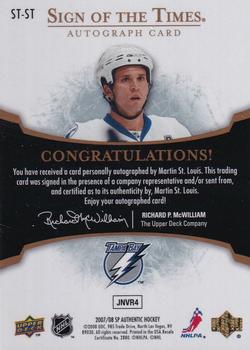 2007-08 SP Authentic - Sign of the Times #ST-ST Martin St. Louis  Back