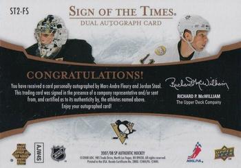 2007-08 SP Authentic - Sign of the Times Duals #ST2-FS Marc-Andre Fleury / Jordan Staal Back