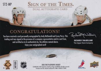 2007-08 SP Authentic - Sign of the Times Duals #ST2-MP Andy McDonald / Corey Perry  Back