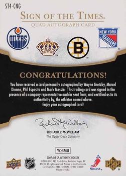 2007-08 SP Authentic - Sign of the Times Quads #ST4-CNG Wayne Gretzky / Marcel Dionne / Phil Esposito / Mark Messier  Back