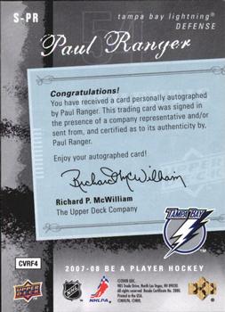 2007-08 Upper Deck Be a Player - Signatures #S-PR Paul Ranger Back