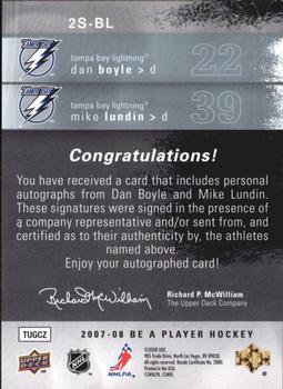 2007-08 Upper Deck Be a Player - Signatures Double #2S-BL Dan Boyle / Mike Lundin  Back