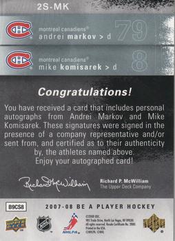 2007-08 Upper Deck Be a Player - Signatures Double #2S-MK Andrei Markov / Mike Komisarek  Back