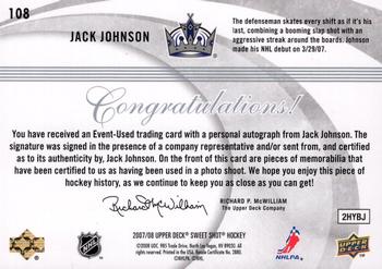 2007-08 Upper Deck Sweet Shot - Rookie Jerseys Autographs #108 Jack Johnson  Back