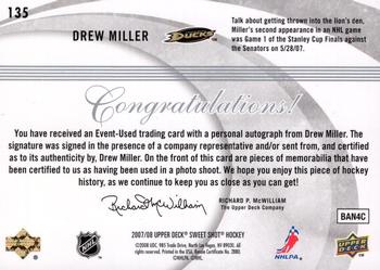 2007-08 Upper Deck Sweet Shot - Rookie Jerseys Autographs #135 Drew Miller  Back