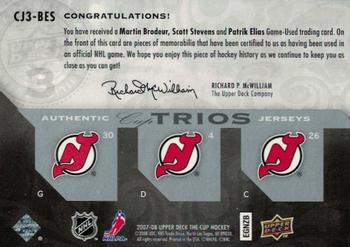 2007-08 Upper Deck The Cup - Jerseys Trios #CJ3-BES Martin Brodeur / Patrik Elias / Scott Stevens  Back