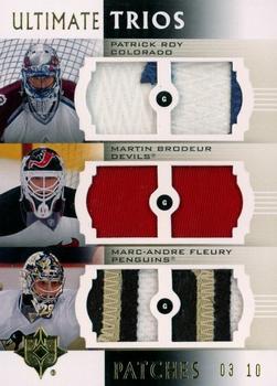 2007-08 Upper Deck Ultimate Collection - Patches Trios #UP3-RBF Martin Brodeur / Marc-Andre Fleury / Patrick Roy  Front