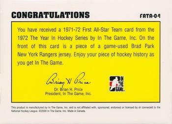2009-10 In The Game 1972 The Year In Hockey - '71-'72 First Team All Star #FATA-04 Brad Park  Back