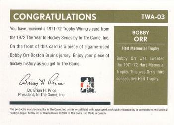 2009-10 In The Game 1972 The Year In Hockey - '71-'72 Trophy Winners #TWA-03 Bobby Orr / Hart Memorial Trophy  Back