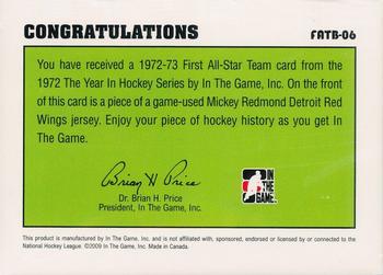2009-10 In The Game 1972 The Year In Hockey - '72-'73 First Team All Star #FATB-06 Mickey Redmond  Back