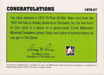2009-10 In The Game 1972 The Year In Hockey - '72-'73 First Team All Star #FATB-07 Frank Mahovlich  Back