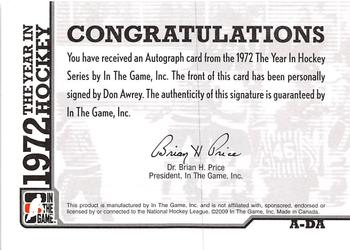 2009-10 In The Game 1972 The Year In Hockey - Autographs #A-DA Don Awrey  Back