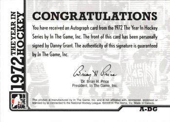 2009-10 In The Game 1972 The Year In Hockey - Autographs #A-DG Danny Grant  Back