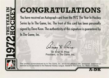 2009-10 In The Game 1972 The Year In Hockey - Autographs #A-DK Dave Keon Back