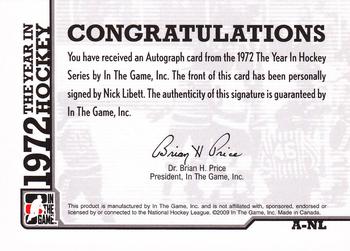 2009-10 In The Game 1972 The Year In Hockey - Autographs #A-NL Nick Libett  Back