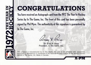 2009-10 In The Game 1972 The Year In Hockey - Autographs #A-PM Phil Myre  Back